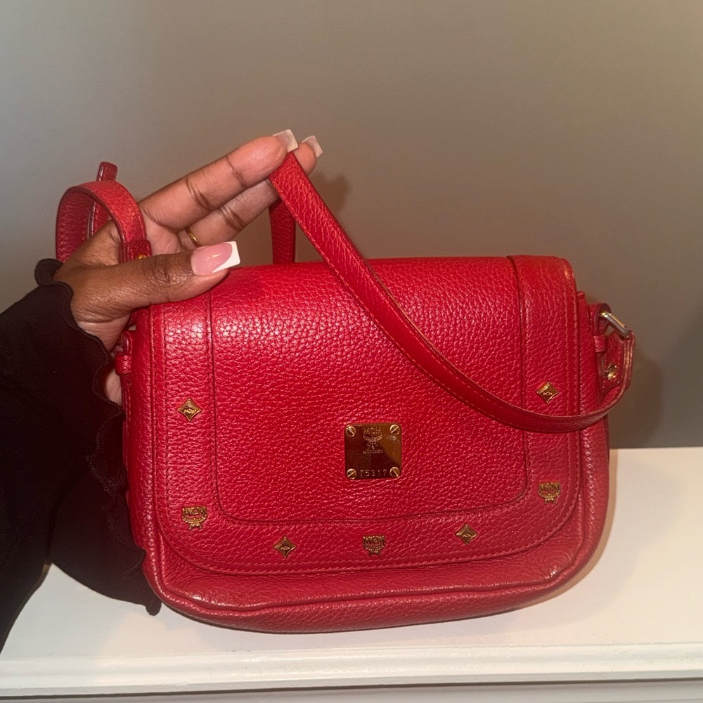 MCM Red Pebbled Leather Crossbody Bag with Gold Hardware - gorgeous!